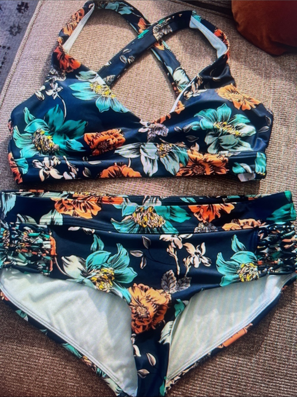 Floral Crisscross Tank Bikini Set - Teal & Orange Flowers